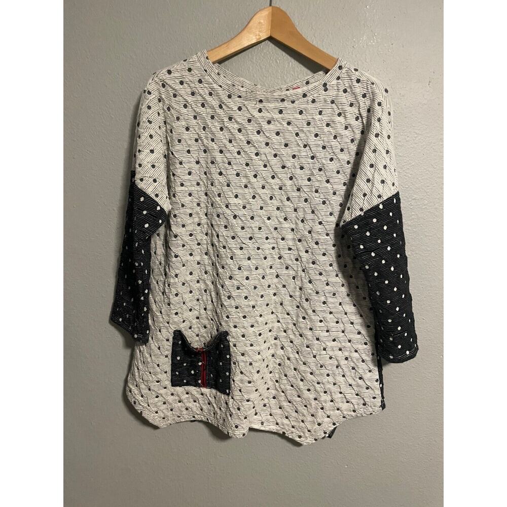 IC by Connie K Womens Tunic Top Small White Black Polka Dot Stretch Art to Wear